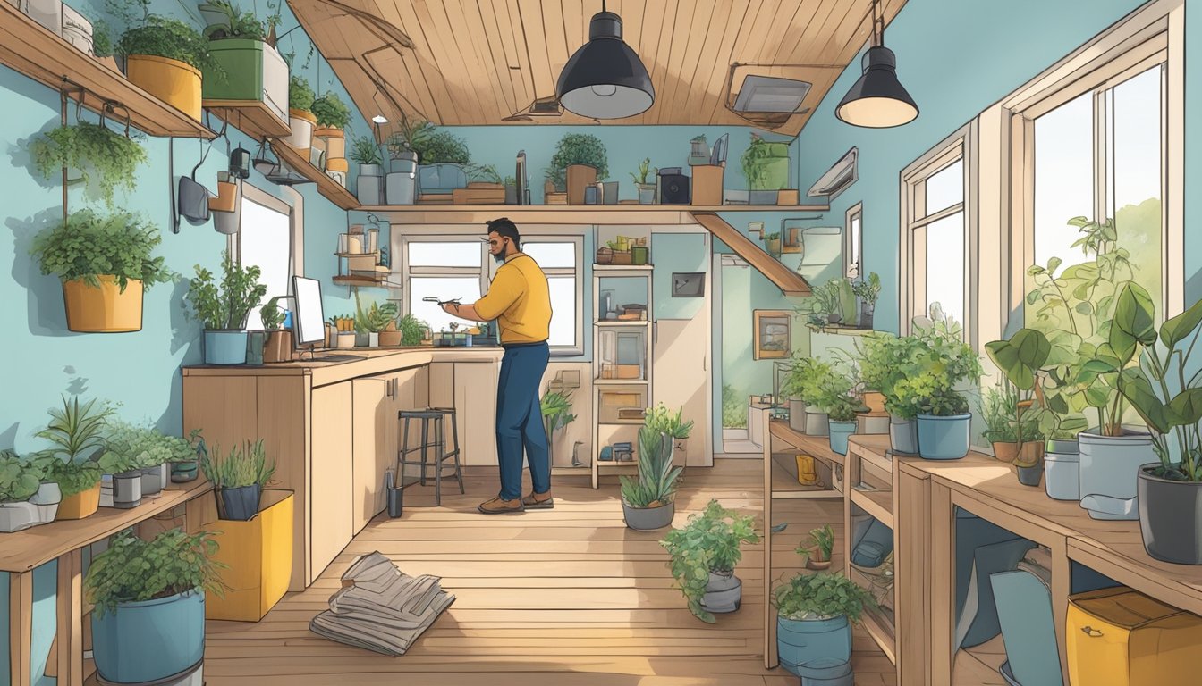 A tiny house surrounded by tools, paint cans, and plants, with a person measuring and sketching blueprints