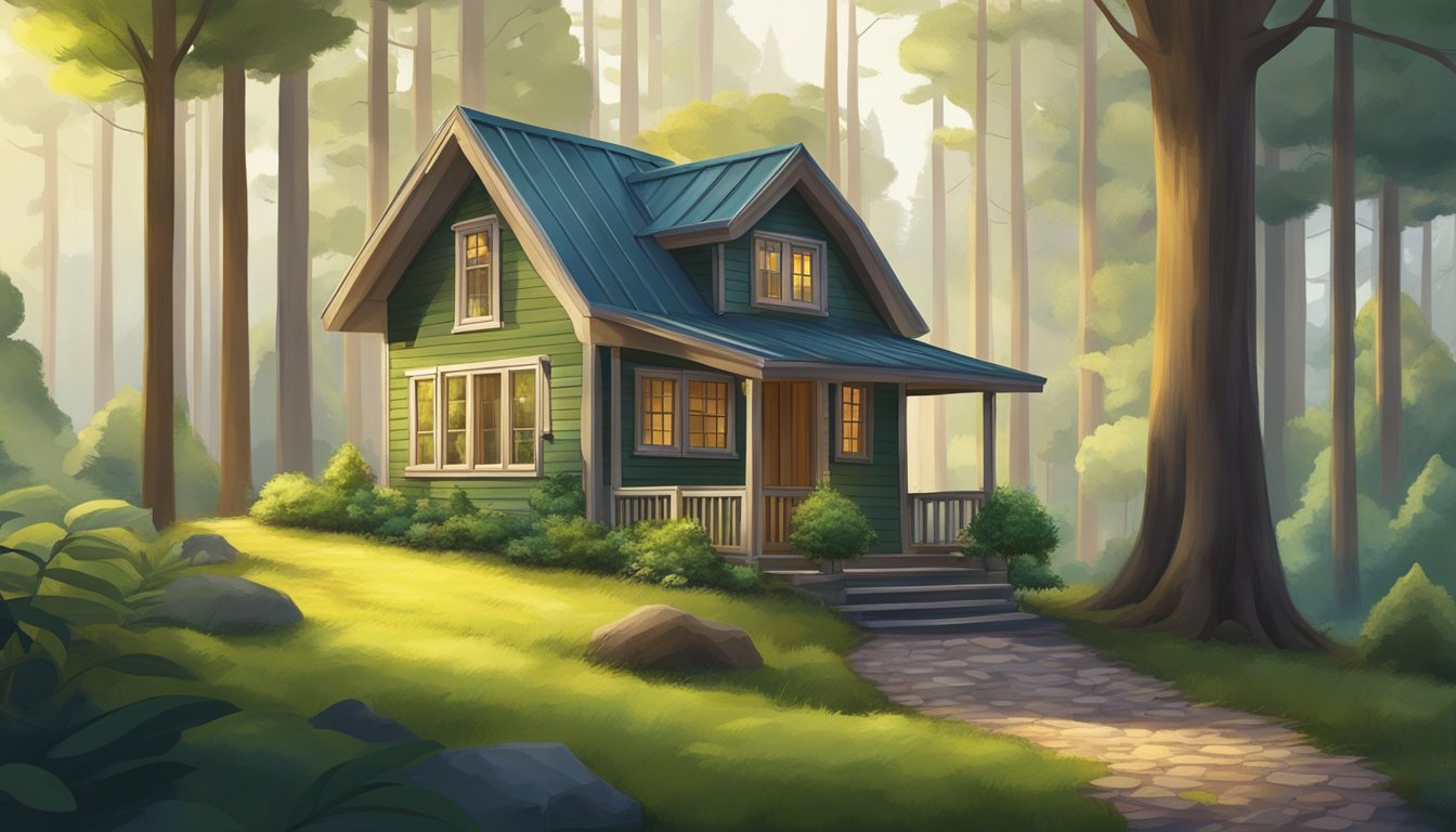 A small, charming tiny house nestled in a lush, green forest clearing, surrounded by tall trees and a winding path leading up to the front door