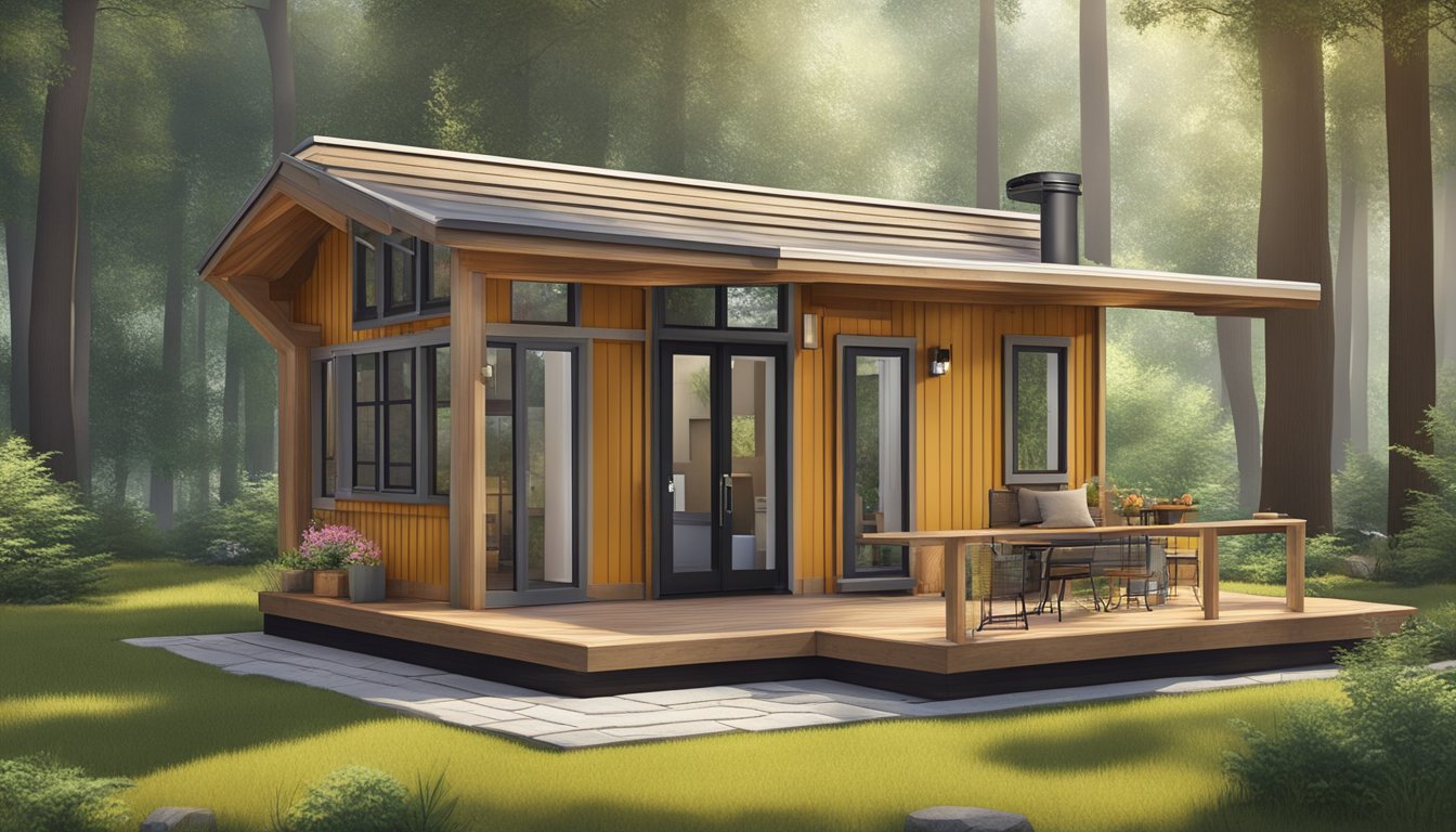 A cozy, compact tiny house nestled among towering trees with a small porch and efficient, space-saving design