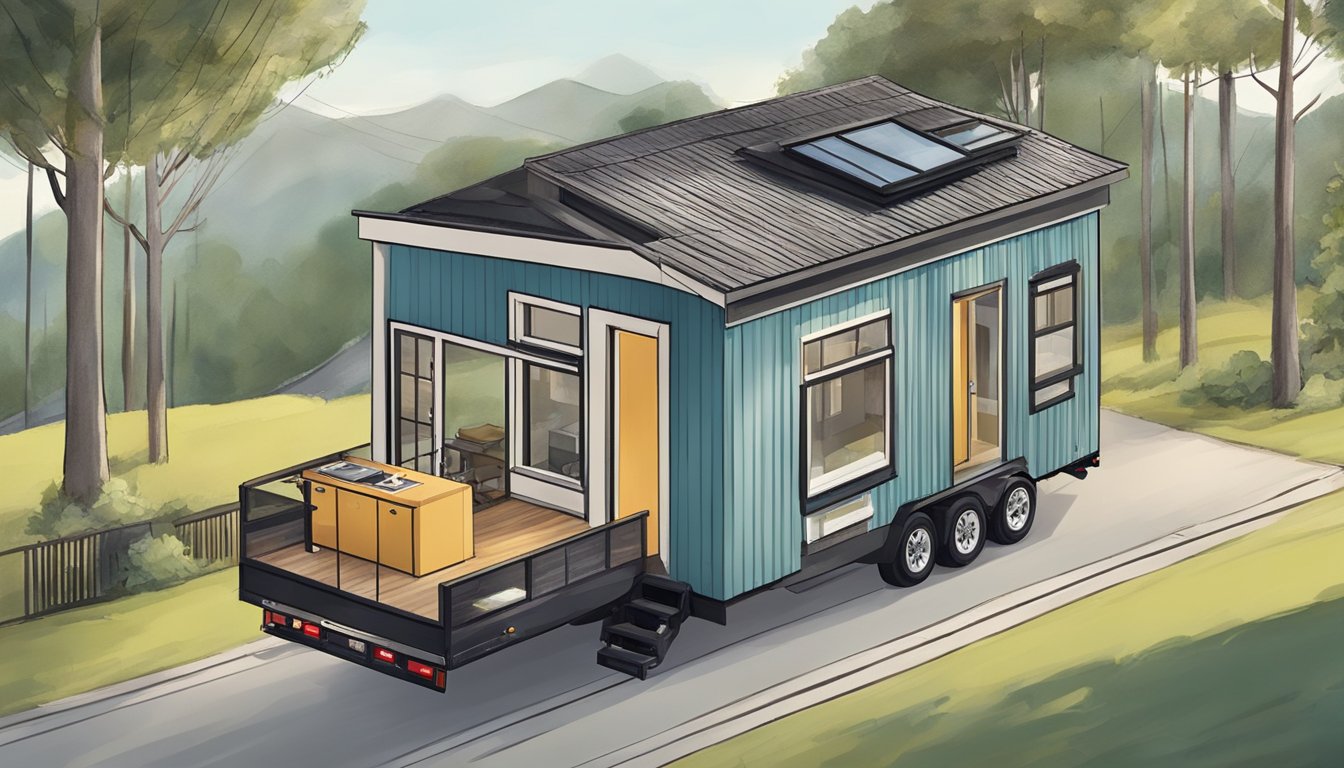 A tiny home on wheels being towed by a truck, showing the mobility of tiny homes