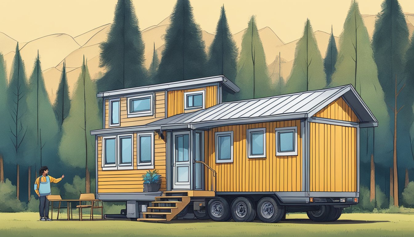 A tiny home on wheels parked in a rural setting, surrounded by trees and a clear blue sky, with a person consulting legal documents inside