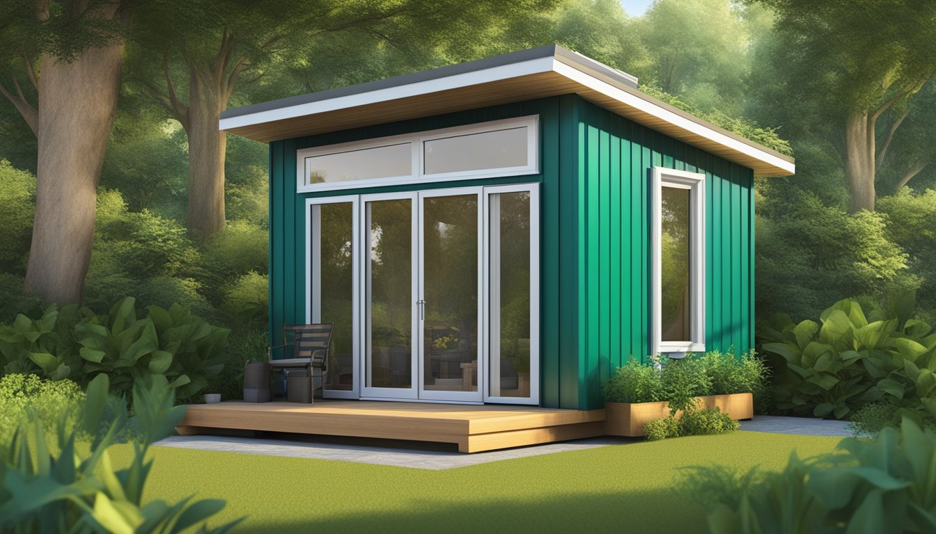 A tiny house sits on a lush green lot, no larger than a garden shed, with a sloped roof and large windows, surrounded by trees