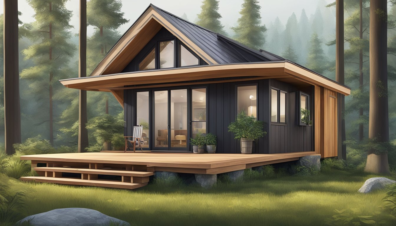 A cozy, compact tiny house nestled in a lush forest clearing, featuring a sloped roof, large windows, and a small front porch