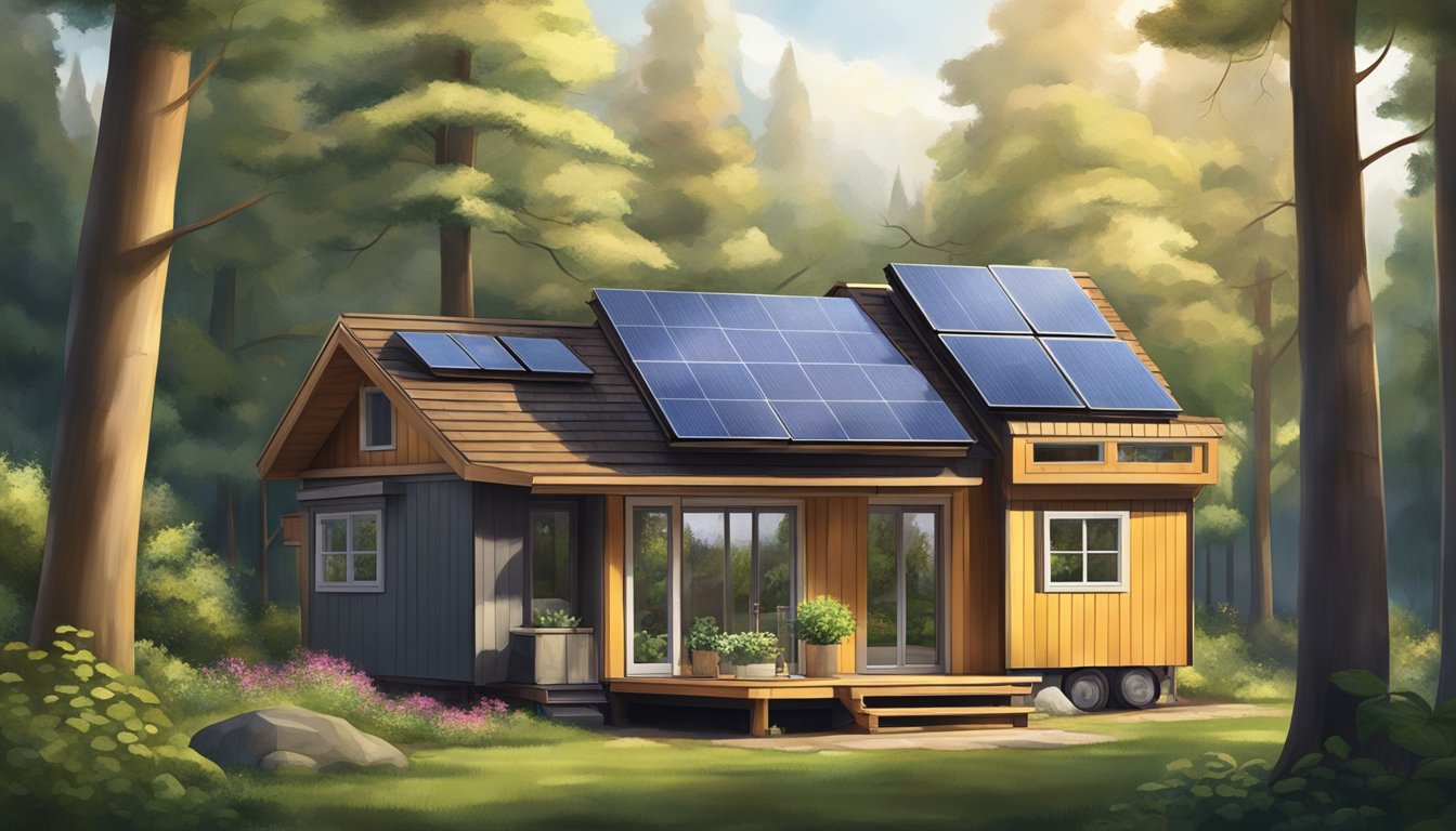 A tiny house, no larger than a shed, nestled in a serene forest clearing, with a small garden and solar panels on the roof