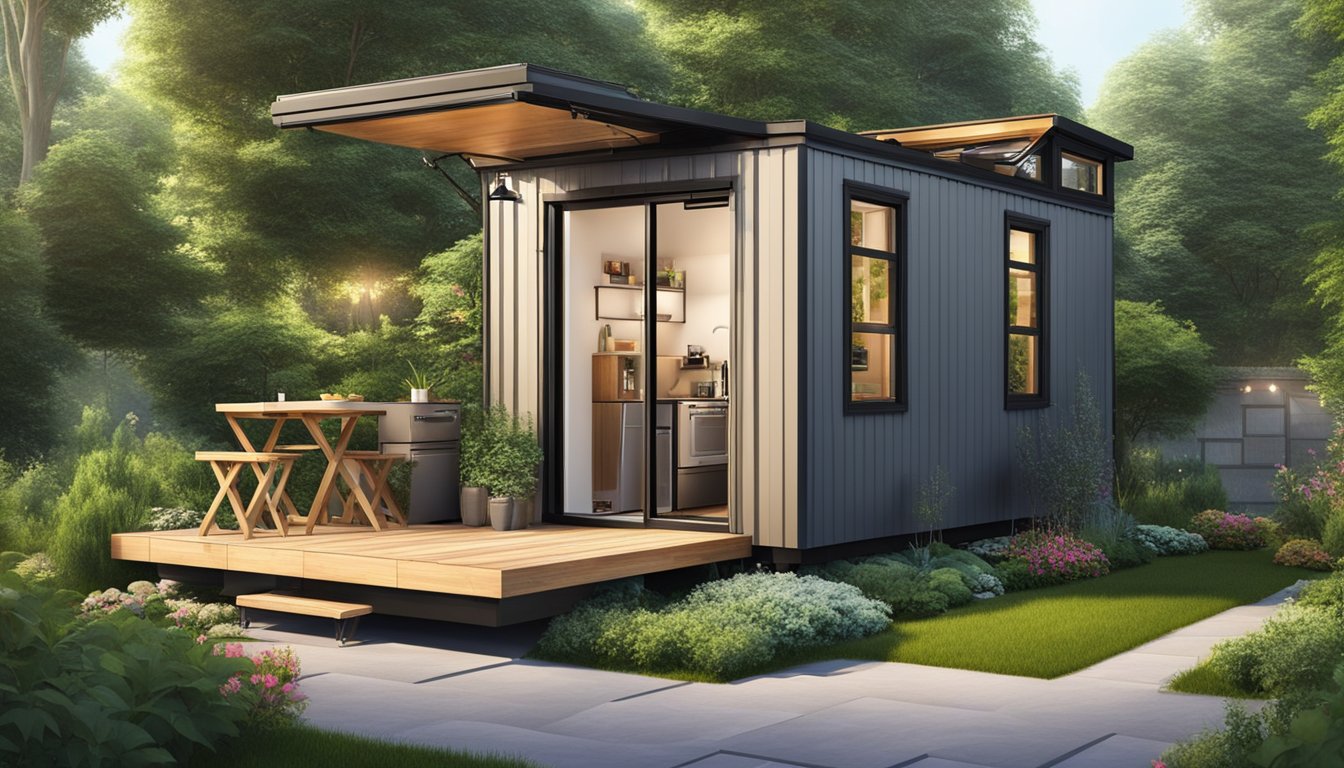 A 100 square foot tiny house with a lofted bed, compact kitchen, and fold-out table, surrounded by a lush garden and solar panels on the roof