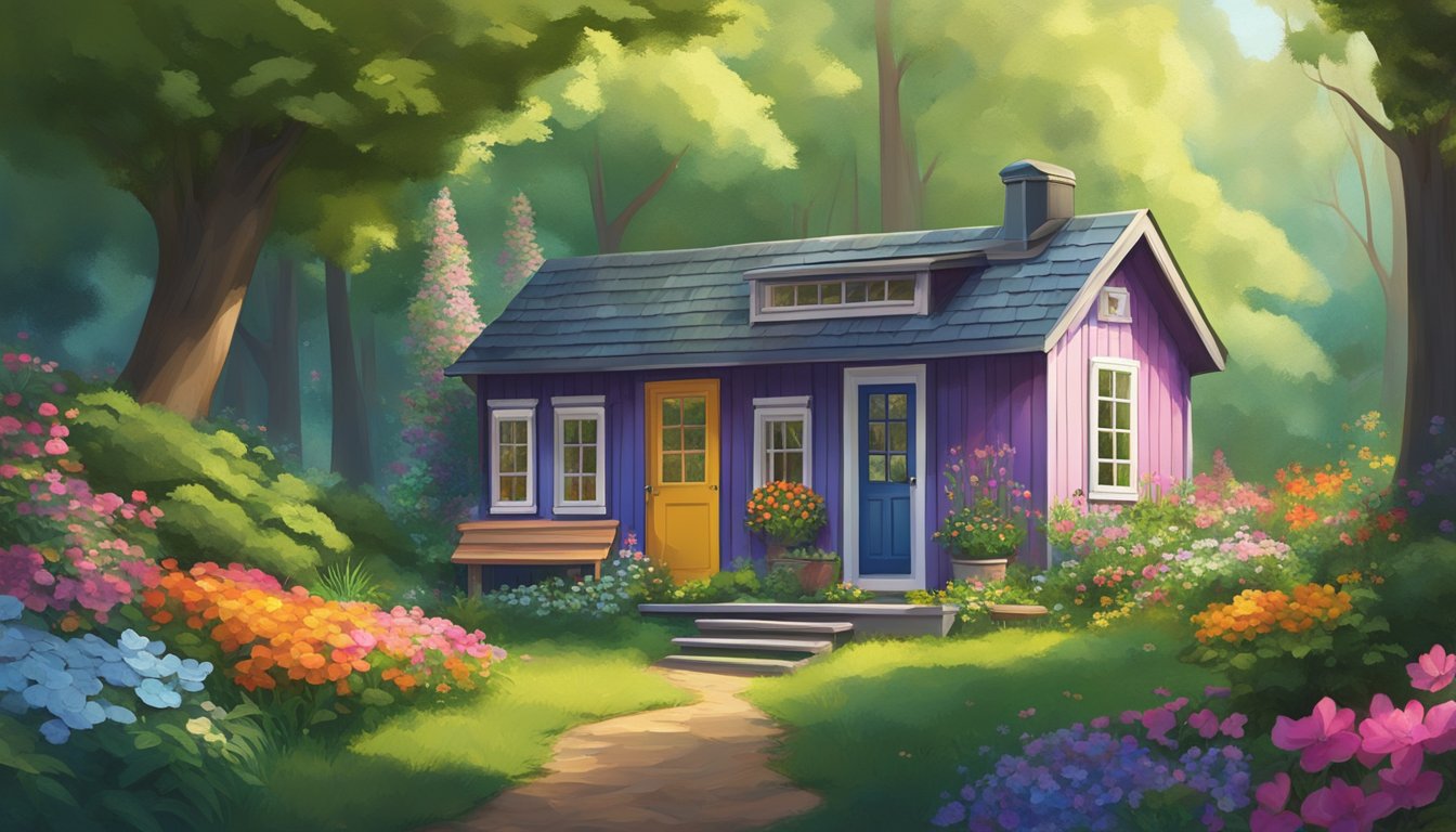 A tiny house nestled in a lush forest, no bigger than a garden shed, with a sloping roof and a chimney, surrounded by towering trees and colorful flowers