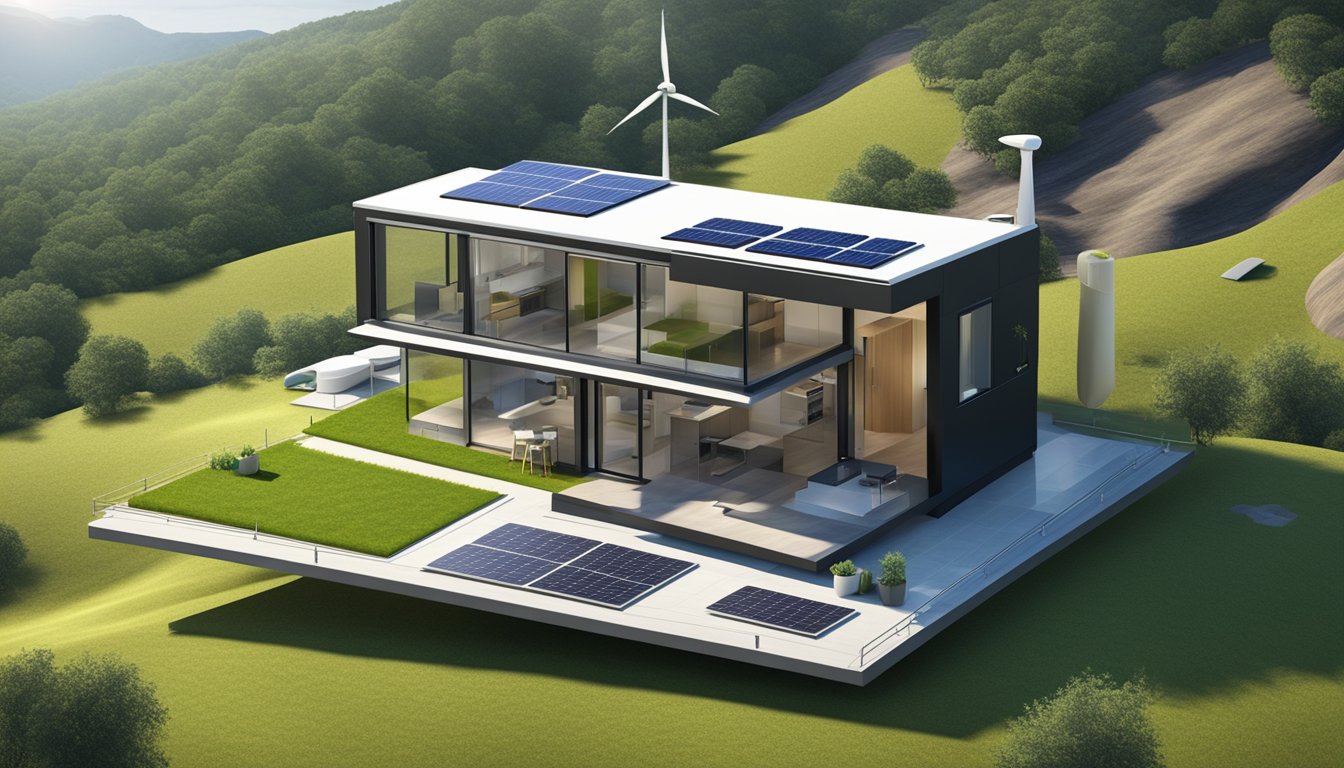 A sleek, futuristic tiny house sits atop a rolling hill, surrounded by solar panels and a small wind turbine. It features advanced, space-saving design and high-tech appliances