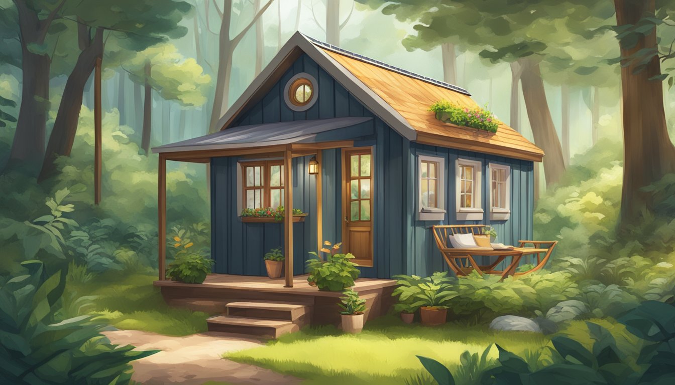 A cozy tiny house nestled in a lush, green forest, with a small garden and a hammock outside