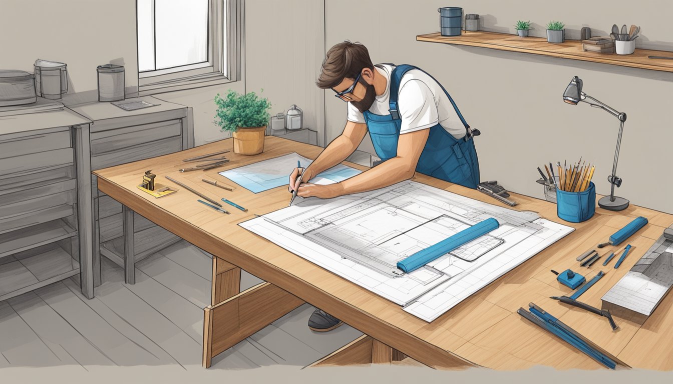 A person measures and sketches a blueprint for a tiny home on a drafting table with building materials and tools nearby