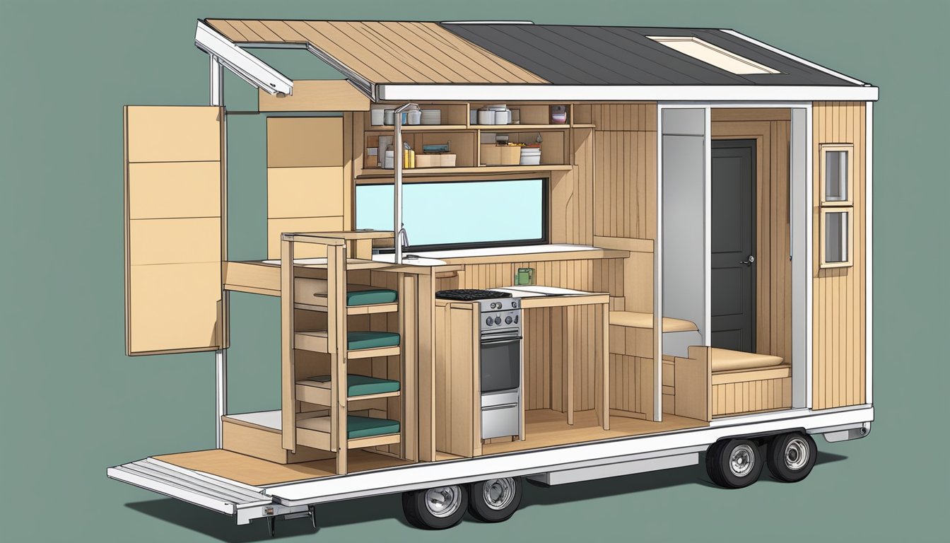 A tiny house with compact design, featuring a lofted bed, fold-out table, and space-saving storage solutions