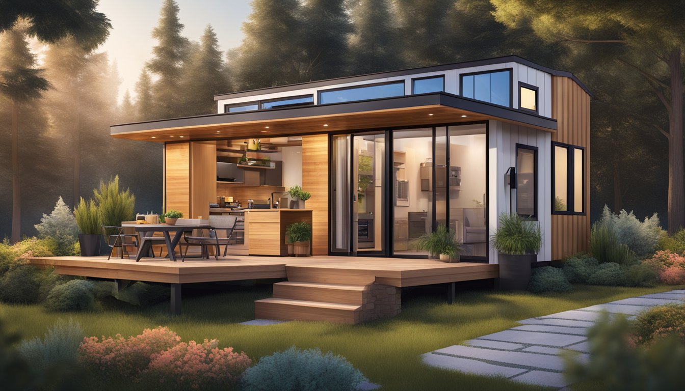 A tiny house with modern design and amenities, surrounded by nature and a cozy outdoor living space