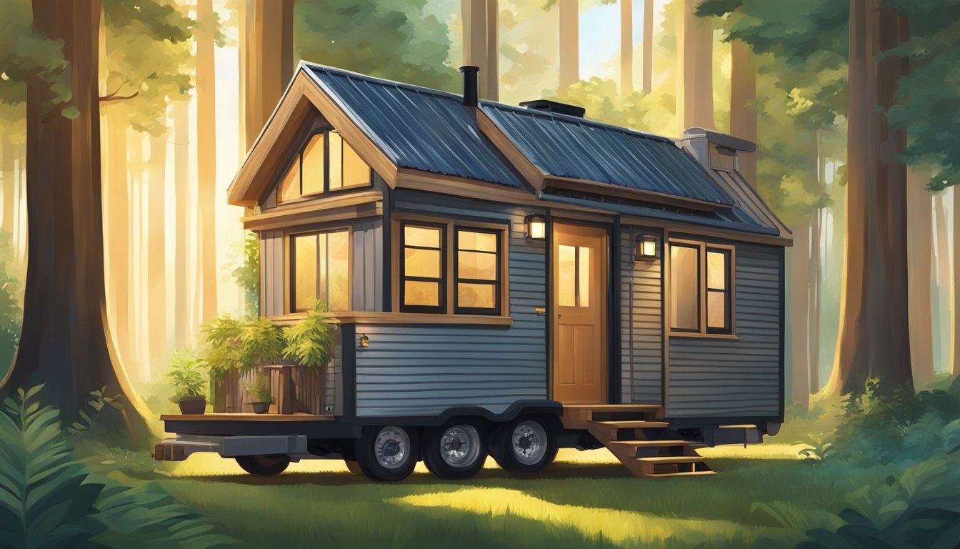 A tiny home on wheels parked in a lush forest clearing, surrounded by tall trees and dappled sunlight filtering through the leaves