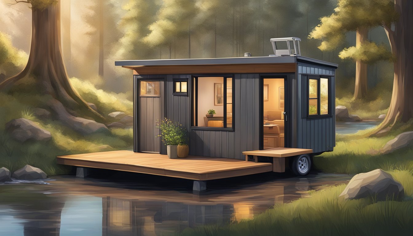 A tiny home on wheels parked in a serene natural setting, surrounded by trees and a small stream, with a cozy and inviting interior visible through the open door