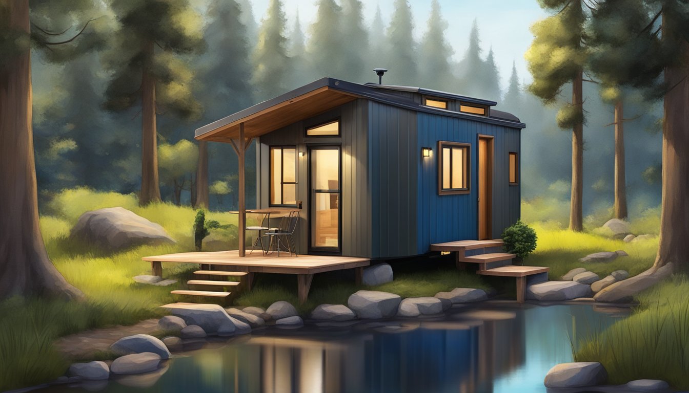 A tiny home on wheels parked in a serene natural setting, surrounded by trees and a small stream