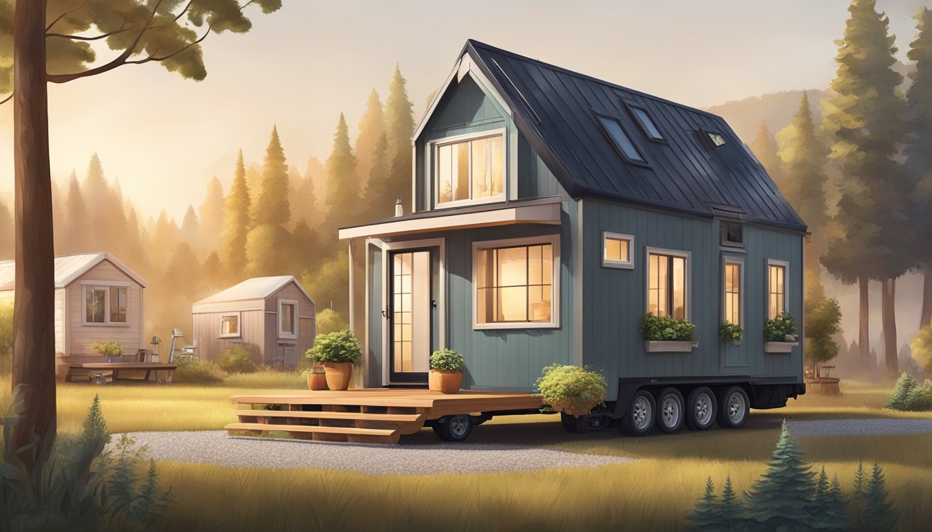 A tiny home on wheels sits next to a traditional mobile home in a rural setting, surrounded by trees and a small garden