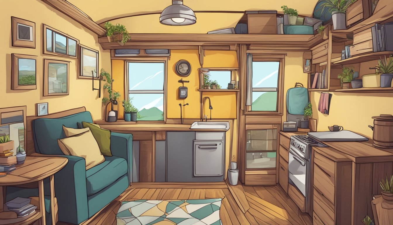 A cramped tiny home with cluttered furniture and limited space, causing frustration for the inhabitants