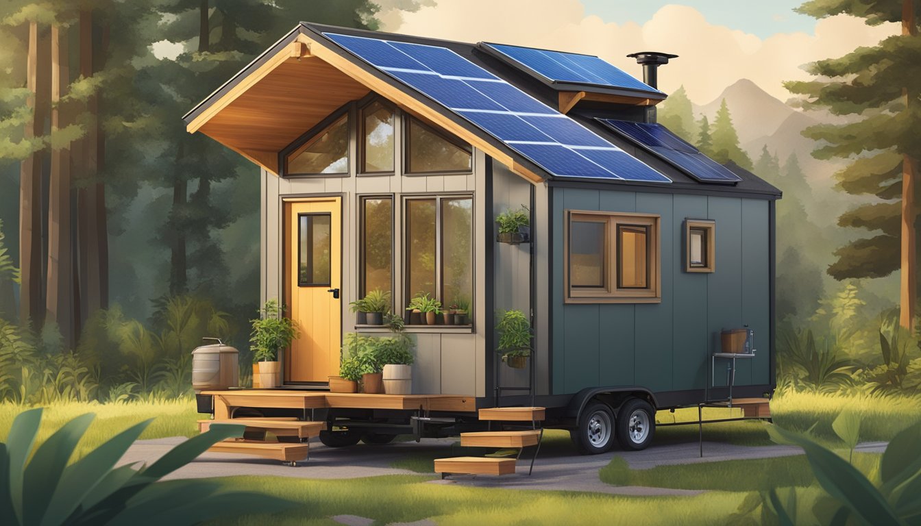 A tiny home on wheels surrounded by lush greenery, solar panels on the roof, and a composting toilet