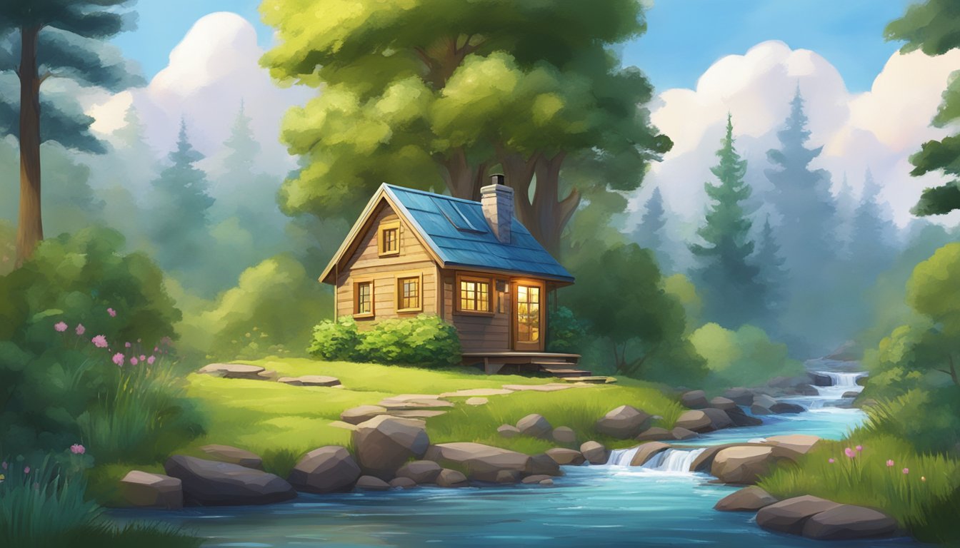 A cozy tiny house nestled in a lush forest, surrounded by towering trees and a bubbling stream