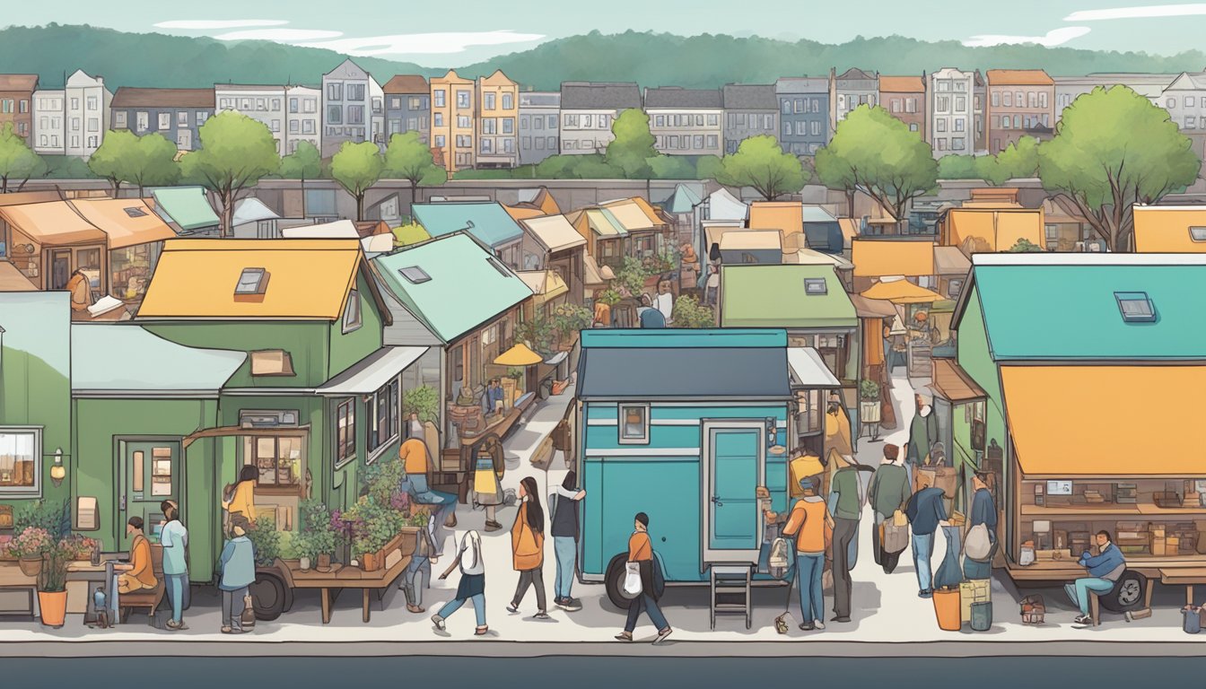 A row of tiny homes on wheels, surrounded by a bustling market with people browsing and chatting with sellers