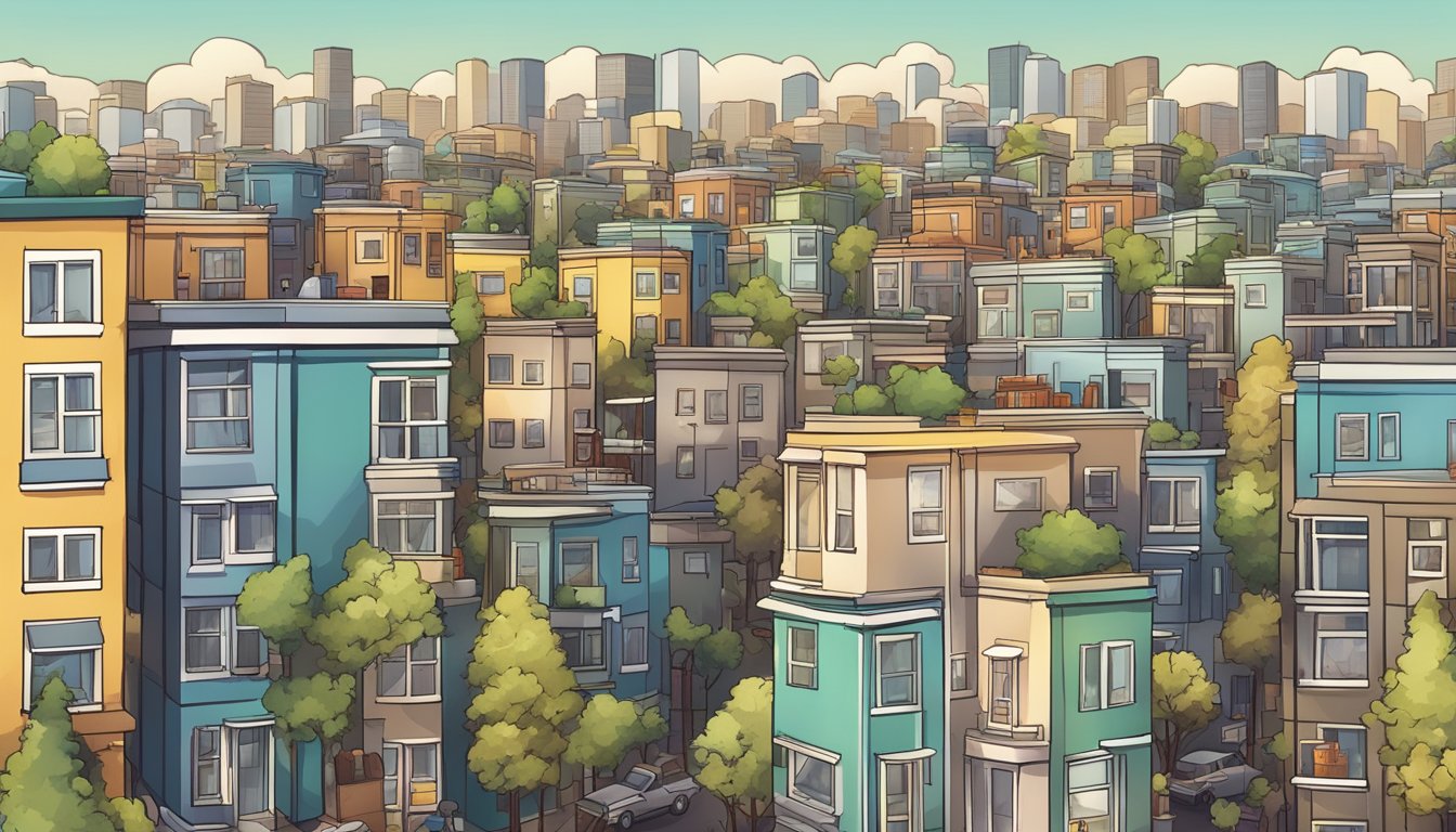 A crowded urban neighborhood with small, cramped tiny homes surrounded by towering apartment buildings and busy streets