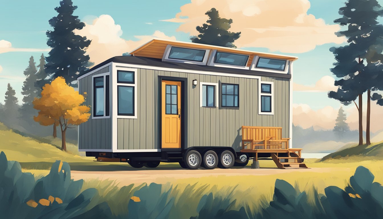 A tiny home on wheels parked in a serene natural setting, surrounded by trees and a clear blue sky