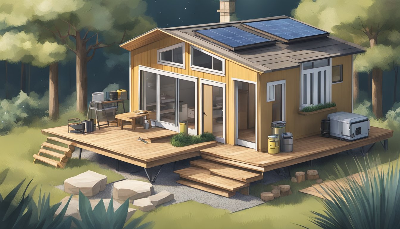 A tiny house being built in a serene natural setting, with tools, materials, and a blueprint spread out