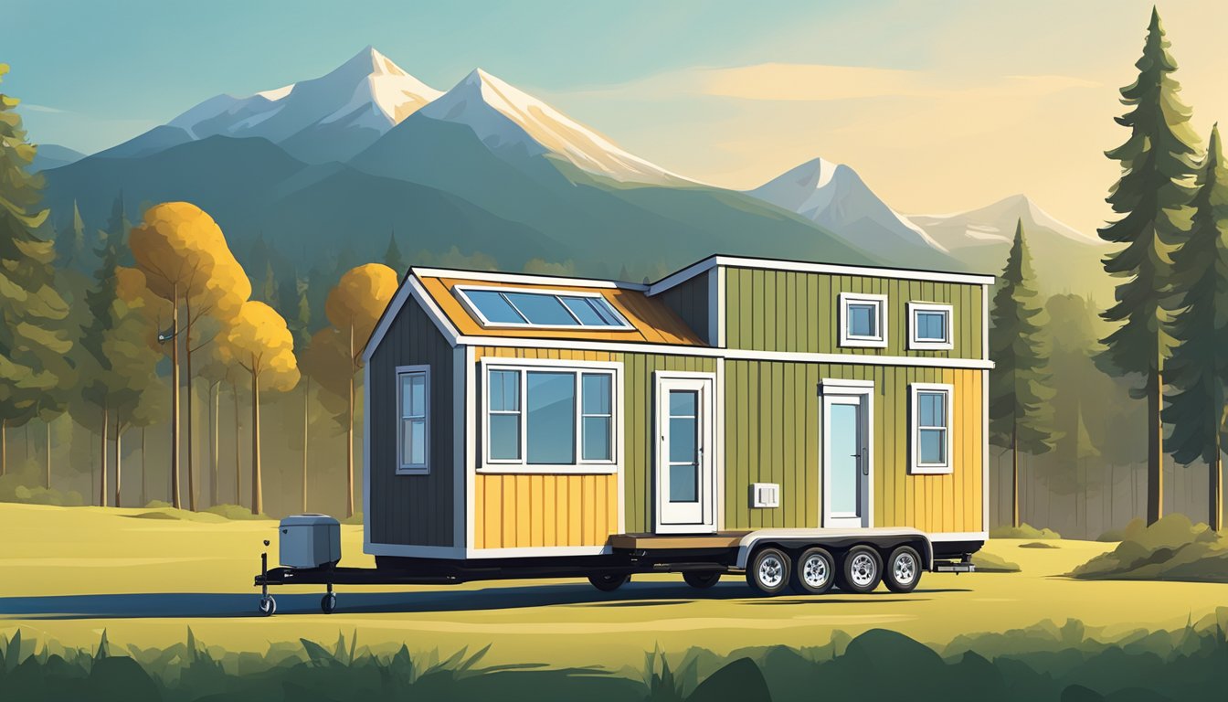 A tiny house on wheels parked in a serene natural setting, surrounded by trees and mountains, with a clear blue sky overhead