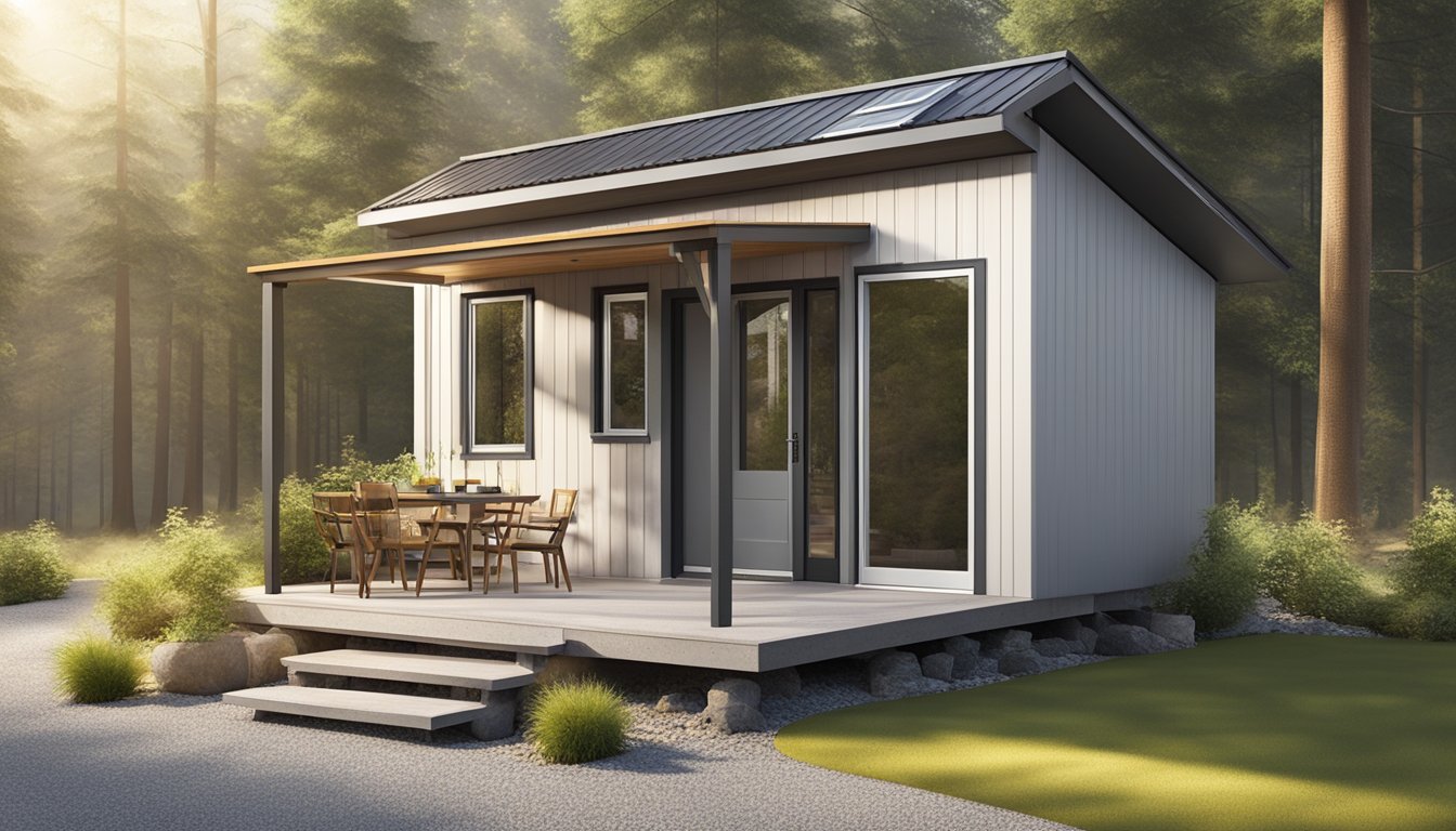 A tiny home sits on a sturdy concrete slab foundation, surrounded by gravel and landscaping. It is nestled in a peaceful, wooded setting, indicating its potential for permanent placement