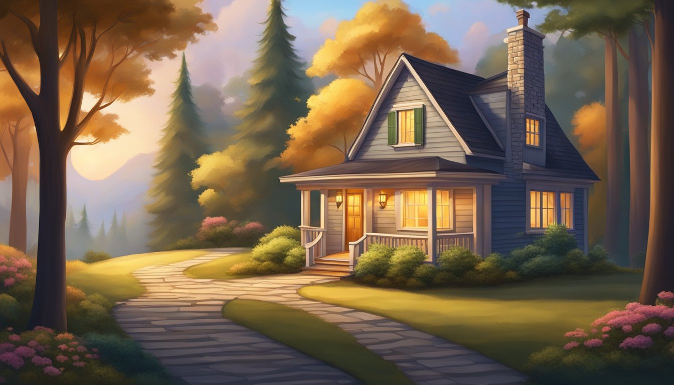 A cozy small house nestled among tall trees with a winding pathway leading up to the front door. A warm glow emanates from the windows, inviting and charming