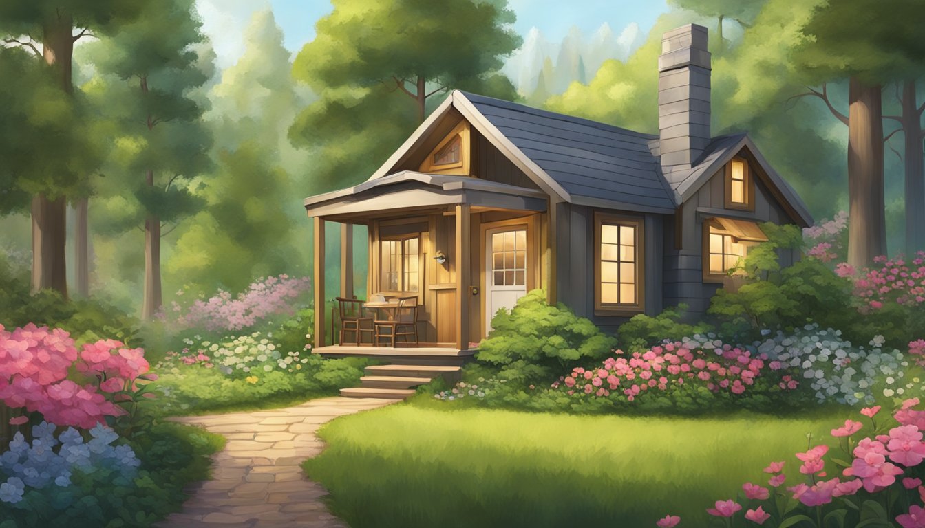 A cozy tiny home nestled in a lush, green forest, surrounded by blooming flowers and a winding path leading to the front door