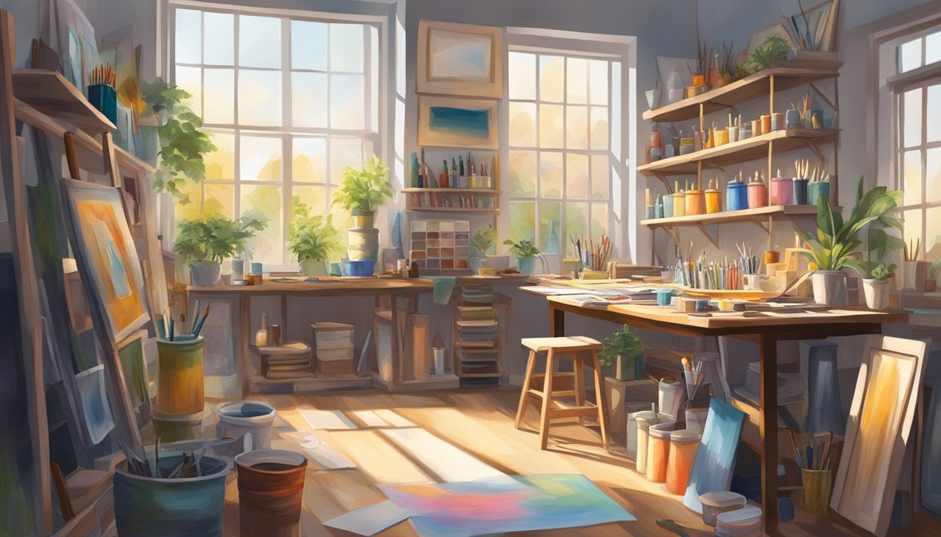 A cluttered art studio with shelves of paint, brushes, pencils, and canvases. A table holds various mediums like watercolor, acrylic, and oil paint. Light streams in from a large window