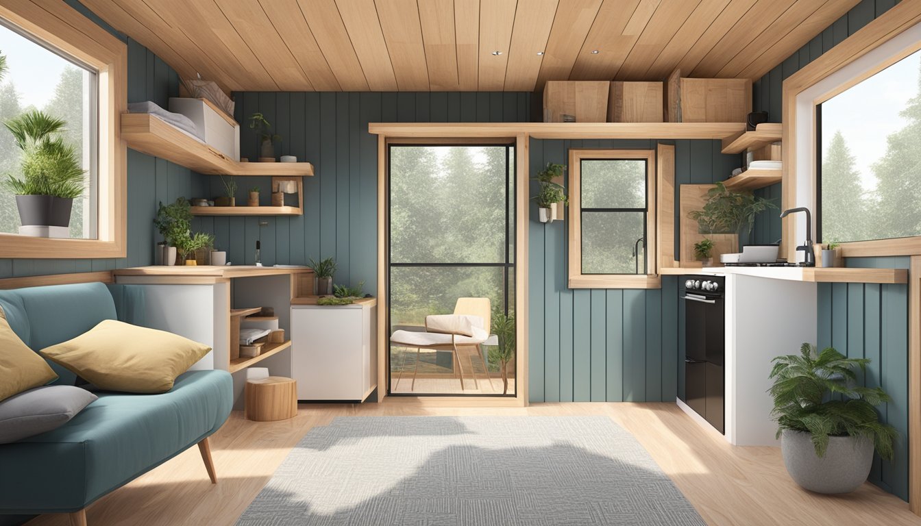 A tiny house with basic features, compact design, and cost-effective materials. Simple layout, efficient use of space, and minimalistic aesthetic