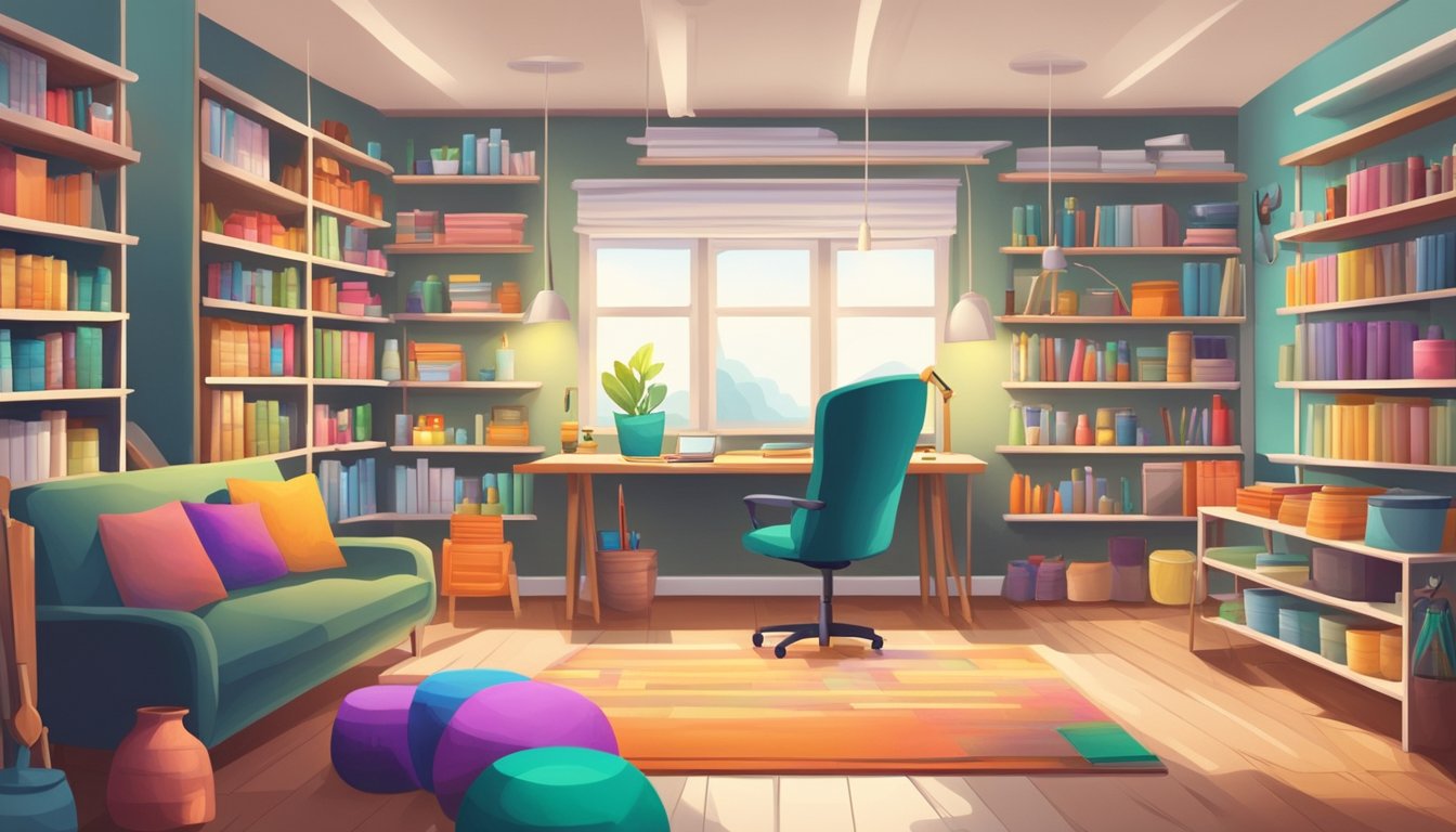 A cozy, well-lit room with organized shelves, a large work table, and comfortable seating. Colorful art supplies and tools neatly arranged, inspiring creativity