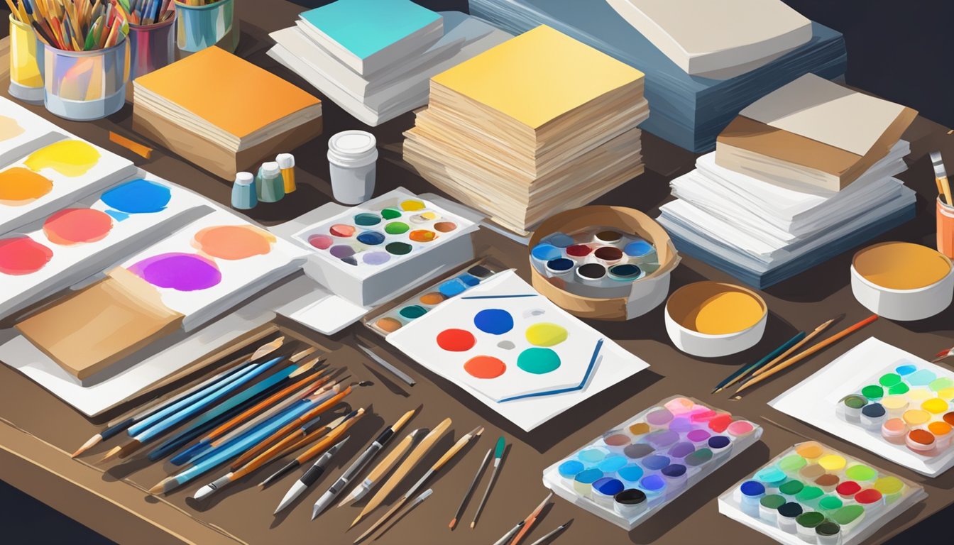 A table with various art supplies: paints, pencils, markers, and brushes. Different types of paper and canvas boards are stacked nearby