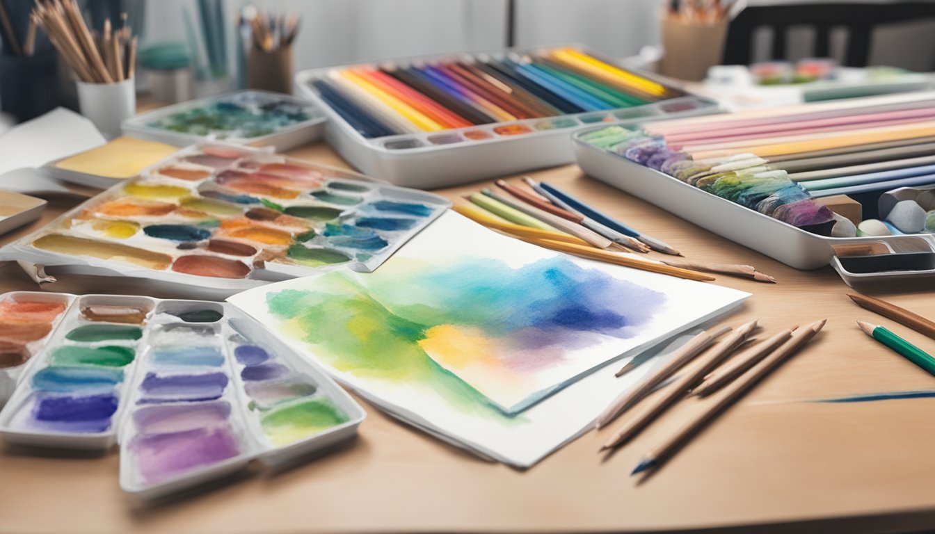 A table with various art mediums - pastels, watercolors, and colored pencils - arranged alongside pastel card sheets