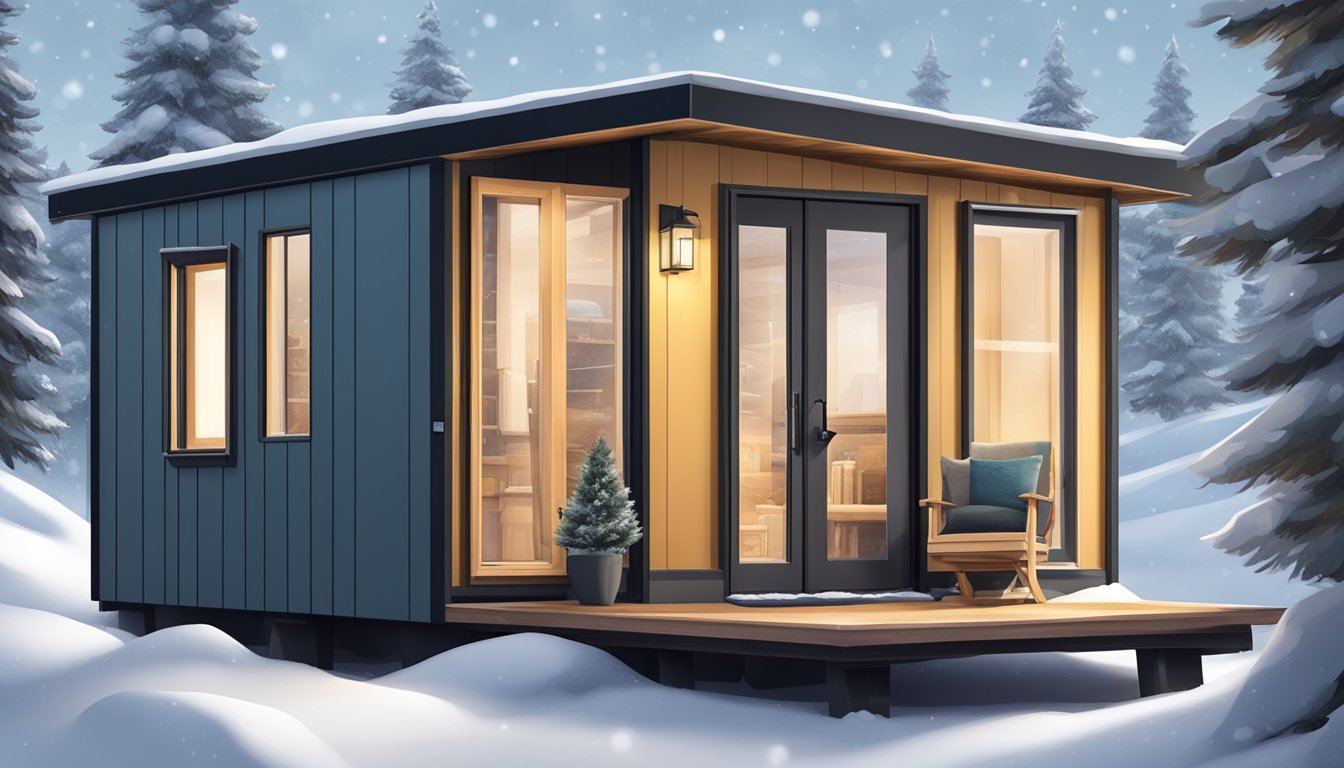 A cozy tiny home nestled in a snowy landscape, with added insulation, weatherproofing, and protective coverings on windows and doors