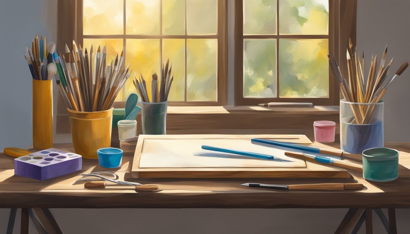 A table with various encaustic wooden boards, surrounded by art supplies and tools, with natural light streaming in from a nearby window