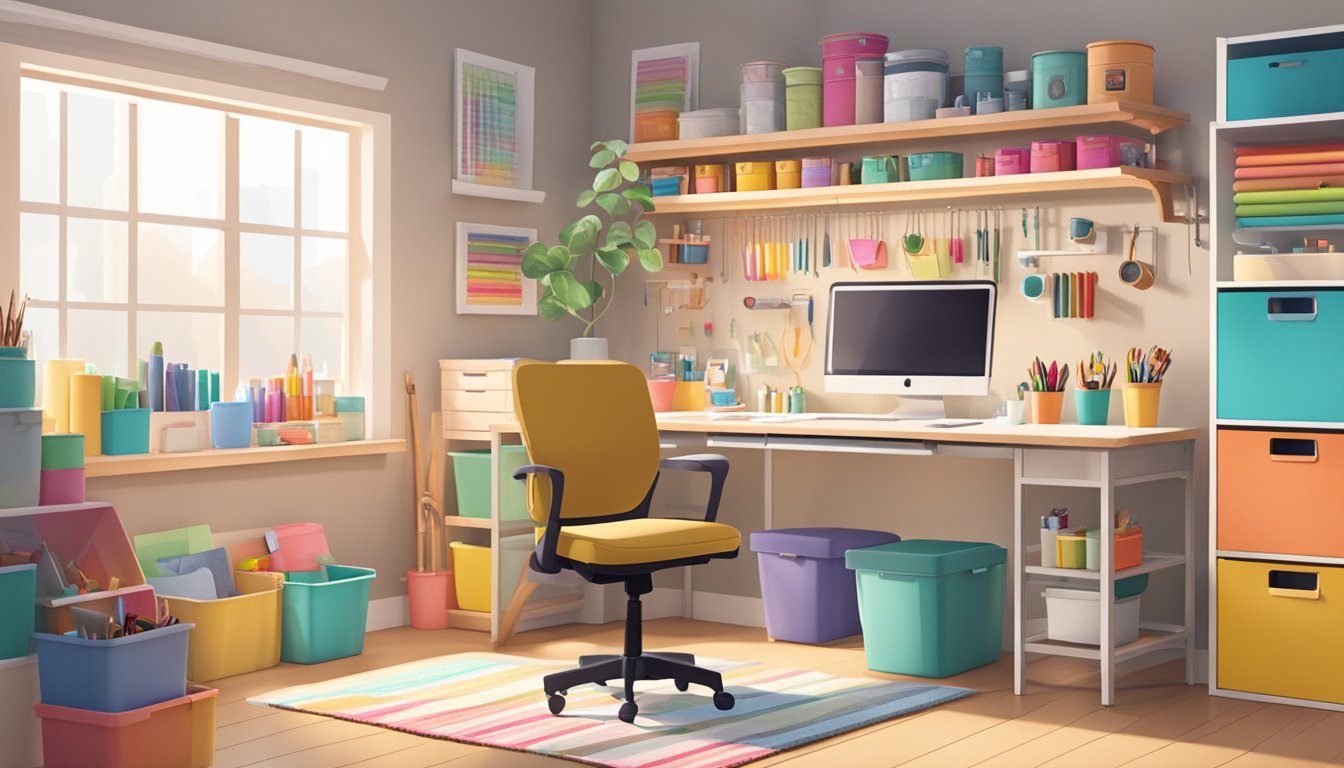 A well-lit, organized craft room with labeled storage bins, shelves, and workstations. A cozy chair and table for crafting, surrounded by colorful supplies and tools