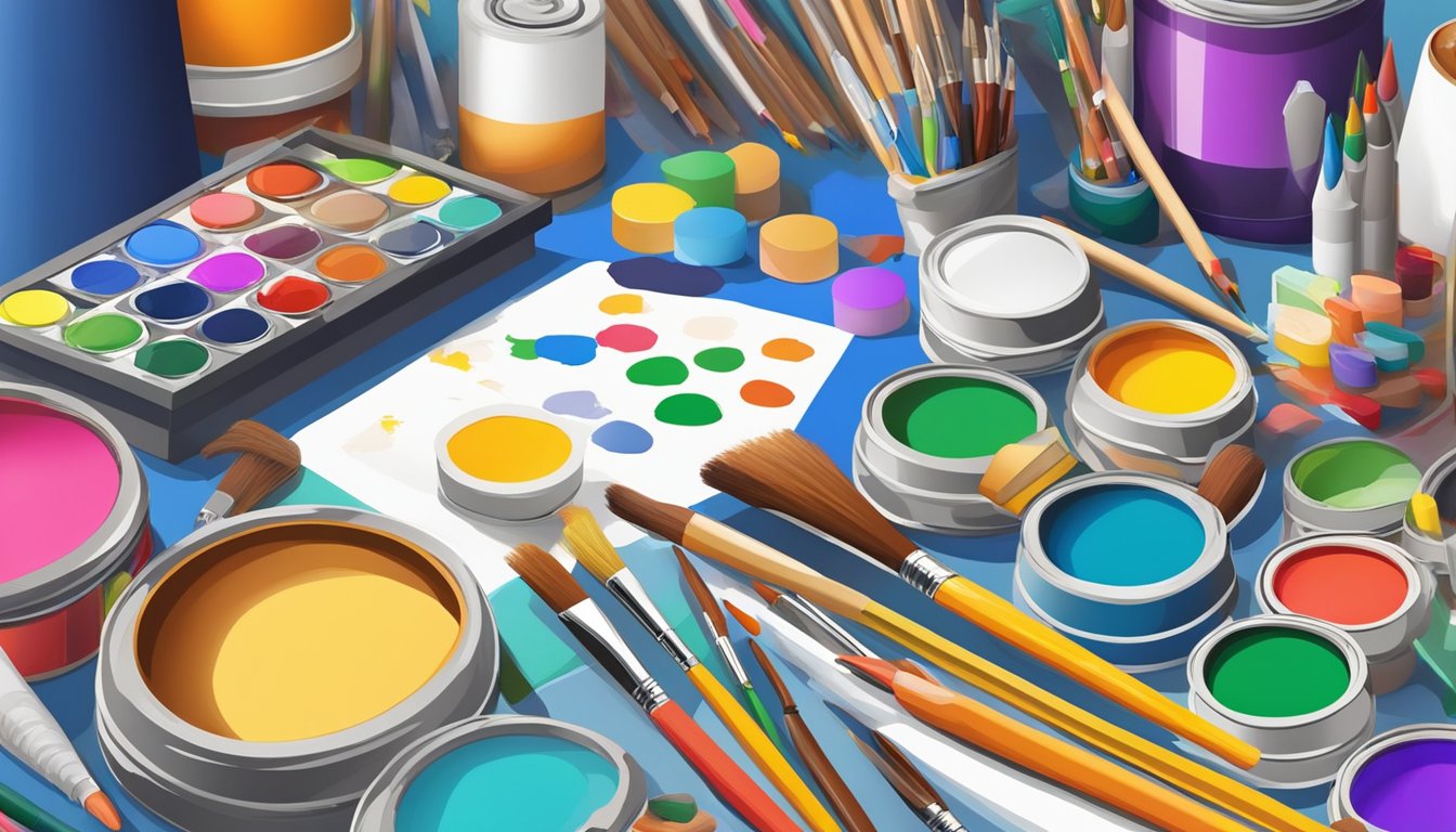 A colorful array of art supplies spread across a table, including paintbrushes, pencils, markers, and tubes of paint. A blank canvas sits nearby, ready to be transformed into a work of art