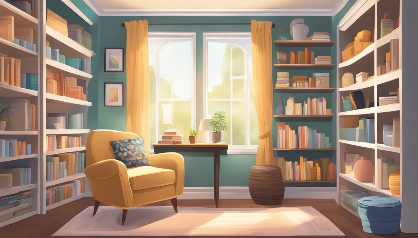 A cozy nook with a plush armchair, a side table, a soft rug, and a bright lamp, surrounded by shelves filled with crafting supplies and a large window for natural light