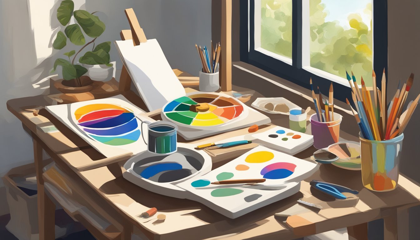 A table with various art mediums such as paint, pencils, and clay, surrounded by natural lighting from a window, with a color wheel and mixing palette nearby