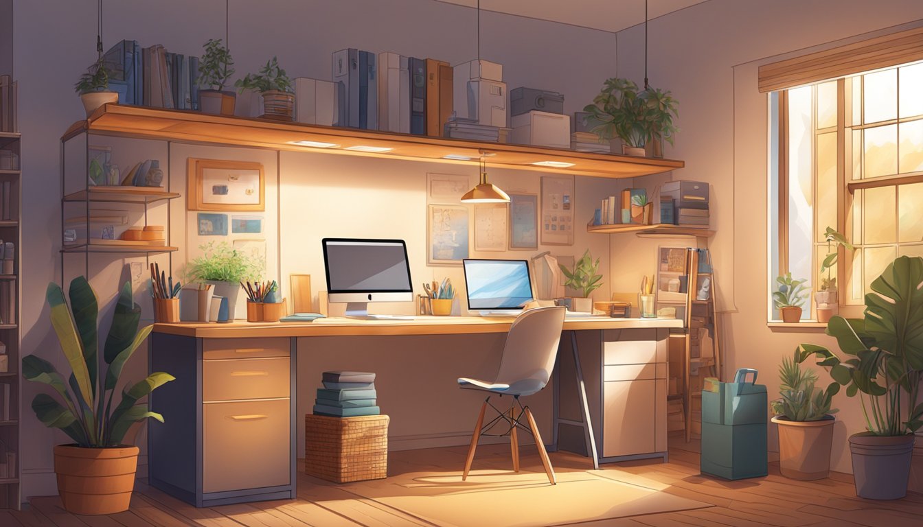 A well-lit craft space with LED strips casting a warm glow over organized supplies and a comfortable work area