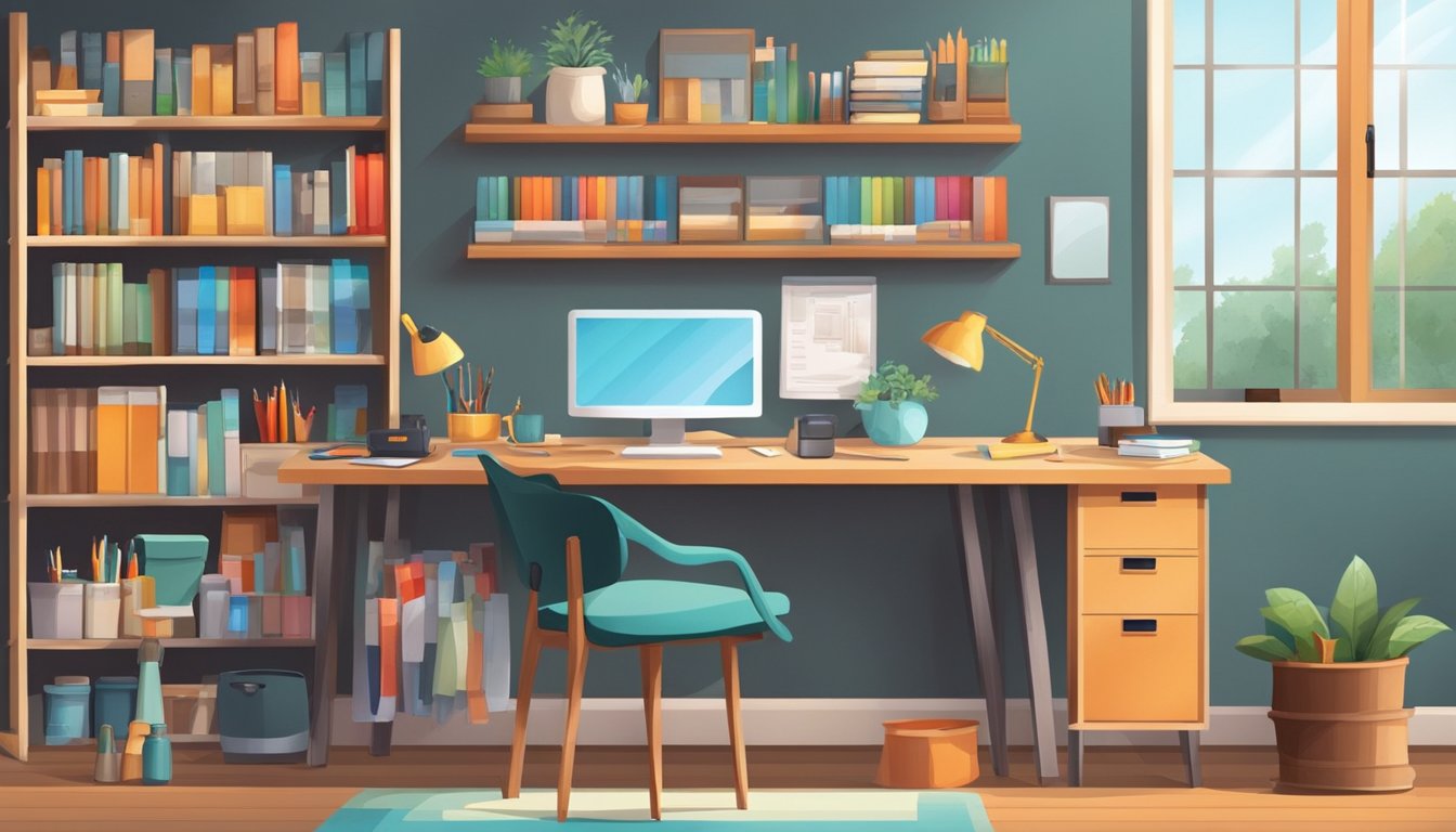 A cozy, well-lit room with organized shelves, a spacious work table, and a comfortable chair. Colorful supplies and tools neatly arranged for easy access