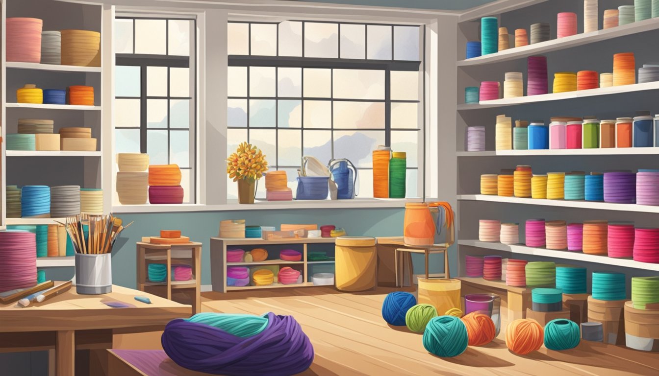 A well-lit room with shelves and containers neatly arranged, displaying an array of colorful craft supplies such as yarn, fabric, paint, and brushes