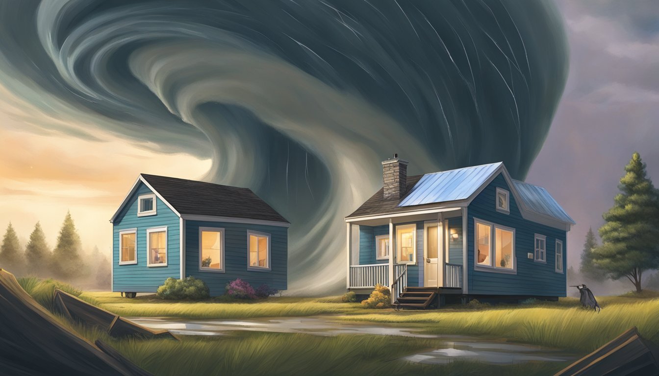 A tiny home stands resilient amidst a swirling tornado, as insurance agents look on in amazement