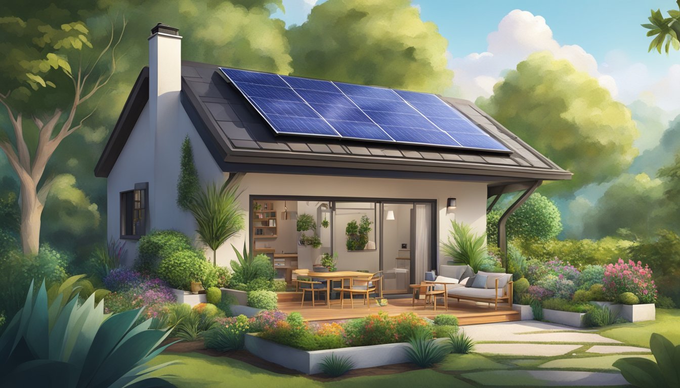 A small house surrounded by lush gardens, solar panels on the roof, and a cozy outdoor seating area