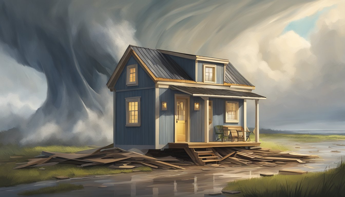 A small, sturdy tiny home stands resilient amidst the swirling winds and debris of a powerful tornado, its reinforced structure and low profile helping it withstand the destructive forces of nature