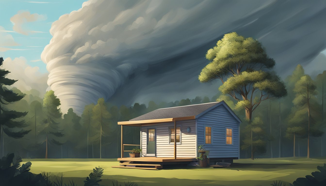 A tornado approaching a small, sturdy tiny home surrounded by trees and with a clear sky in the background