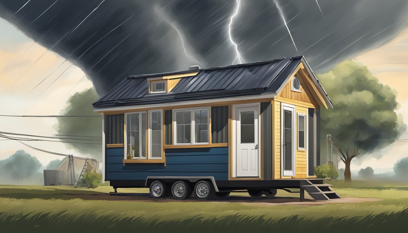 A tiny home with reinforced walls and a sturdy foundation stands resilient against a powerful tornado, while various enhancements and add-ons are showcased around it