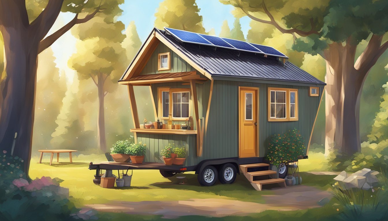 A cozy tiny house on wheels parked in a serene natural setting, surrounded by trees and a small garden, with a hammock and solar panels on the roof